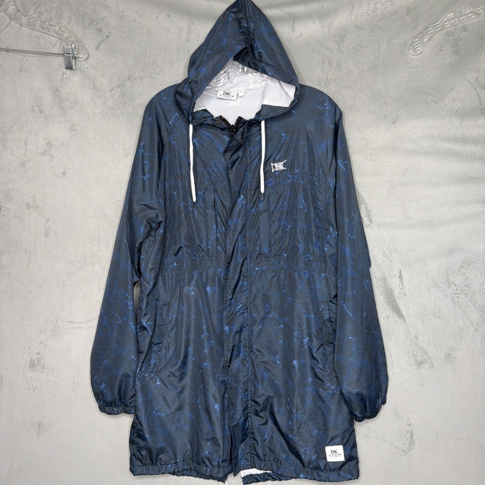 Ethik Clothing Co Windbreaker Jacket Men's L Hooded Blue Black Long Rain Coat